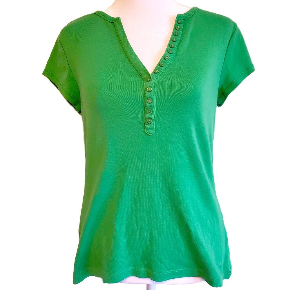 90s Y2k Tommy Hilfiger Kelly Green Short Sleeve Henley Top Buttons Women's Sz L